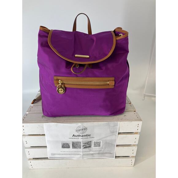 MICHAEL KORS, LARGE PURPLE, BROWN NYLON LOCK CHARM BACKPACK - Picture 1 of 16